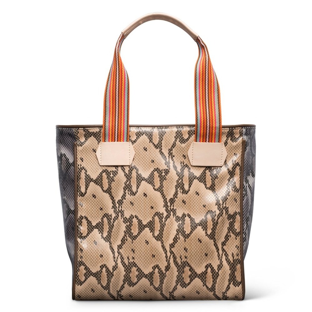 Consuela Margot Classic Tote Bag Tan Snakeskin Print Striped Handles